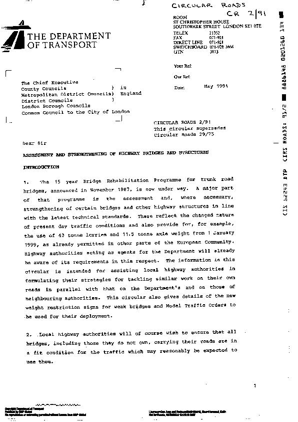 Circular Roads 2/91 - Assessment and strengthening of highway bridges and structures