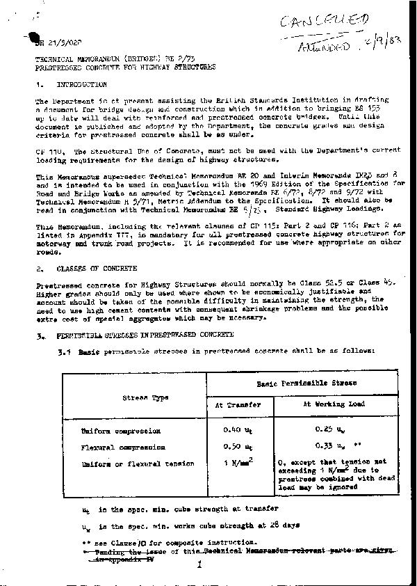 Technical Memorandum (Bridges) BE 2/73 - Prestressed concrete for Highway Structures