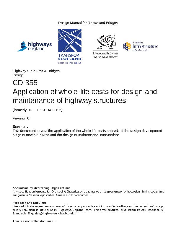 DMRB CD 355 - Application of whole-life costs for design and maintenance of highway structures