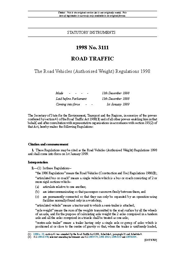 Road Vehicles (Authorised Weight) Regulations 1998